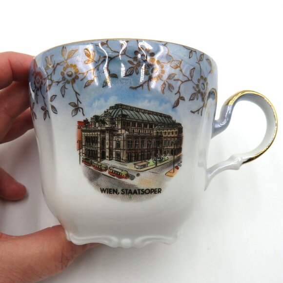 Vintage Vienna State Opera Cup Saucer Set Gold Trim Floral Design Plastic Stand - Picture 9 of 16